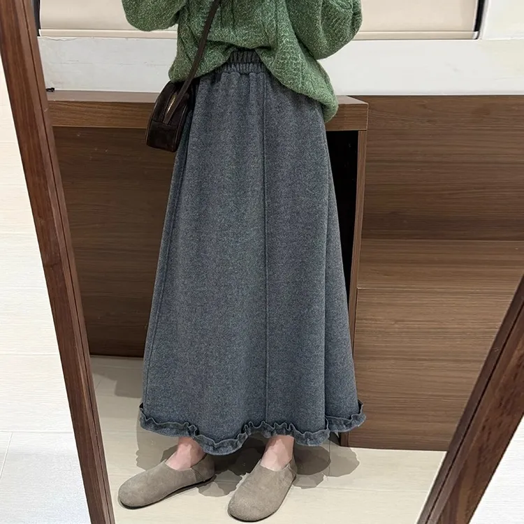 高腰气质荷叶半身裙2025冬季新款韩版加绒加厚显瘦简约百搭长裙女