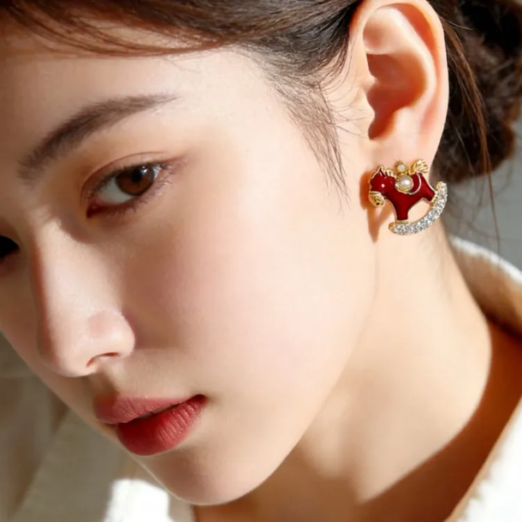 铜合金锆石耳饰 铜合金中国风本命年小马耳钉新中式耳环高级耳饰