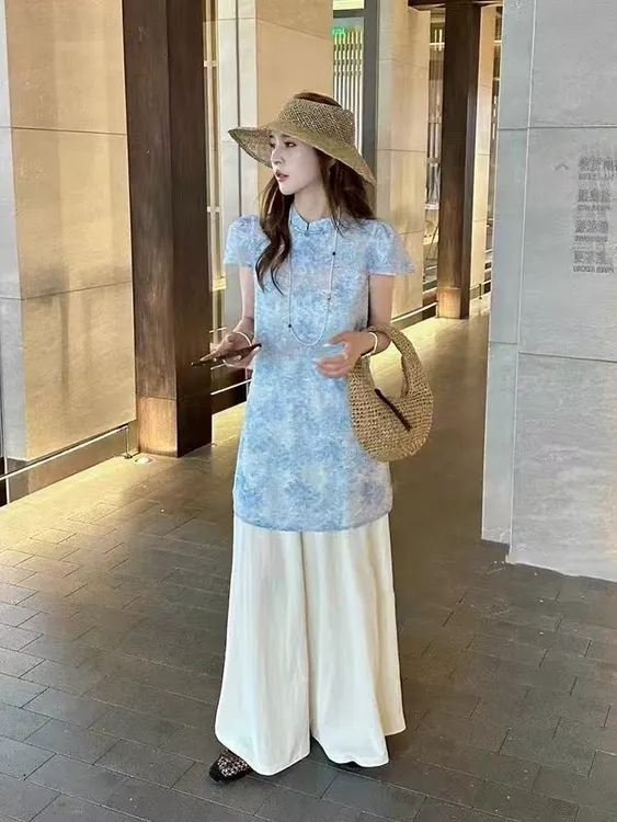 新中式国风旗袍短袖上衣夏季凉爽套装+阔腿裤两件套2025时尚套装