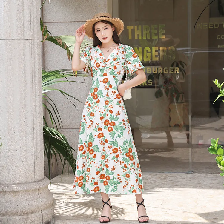 PG DVF早秋款领花苞袖高腰植物印花字长裙时尚甜美俏皮活力连衣裙