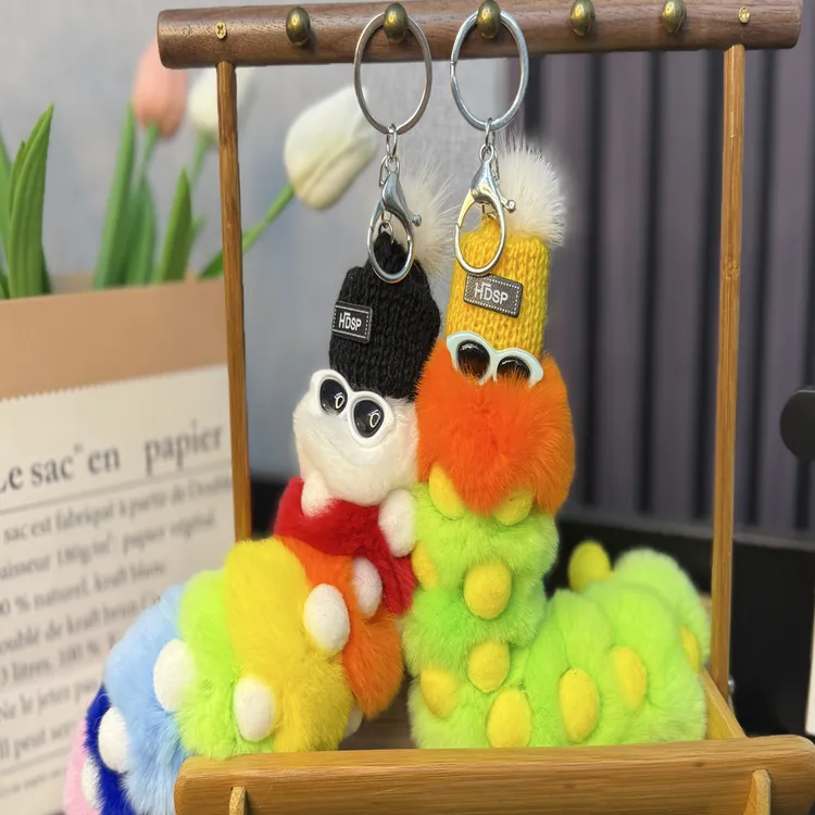 獭兔毛皮草毛毛虫挂件汽车钥匙扣挂链情侣玩偶挂饰带眼镜包包挂件