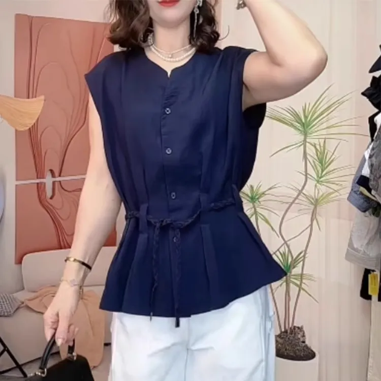 微胖mm大码减龄女装正肩绑带圆领无袖衬衫女夏季宽松漂亮气质上衣