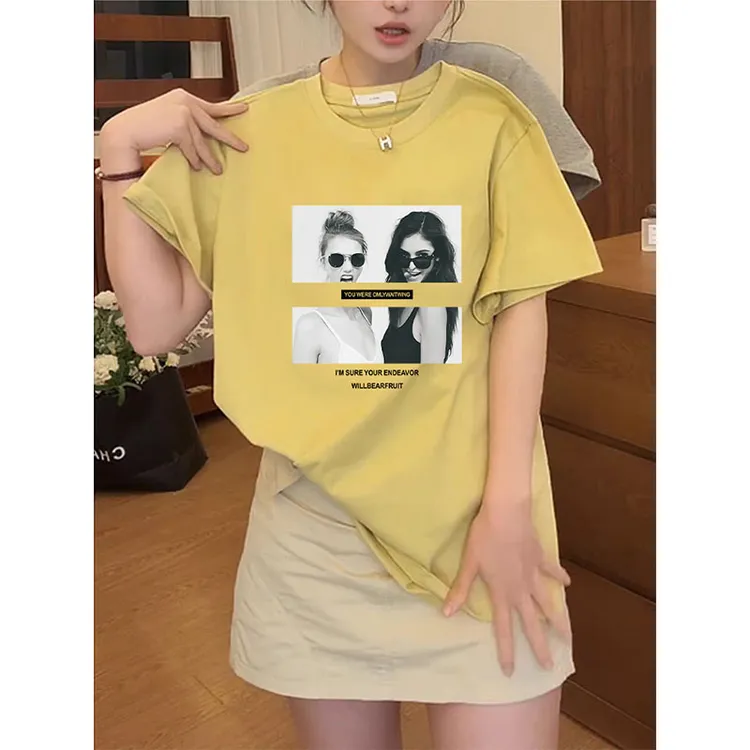2025新款正肩圆领短袖t恤女装时尚休闲百搭芒果黄色上衣春夏季潮