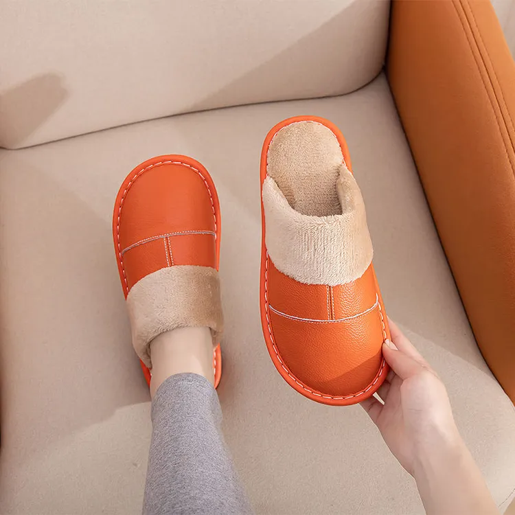 新款冬季真牛皮情侣居家舒服防滑防水保暖防臭厚底加绒加厚拖鞋