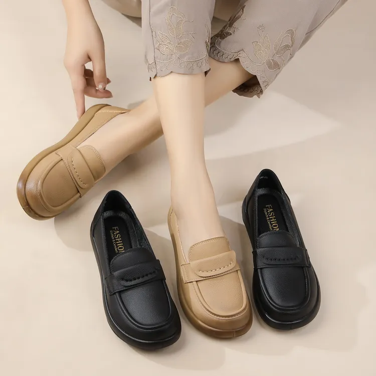 工作鞋女士单鞋2025年春秋季新款乐福鞋软底女鞋平底妈妈鞋
