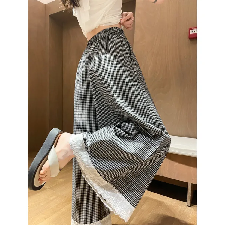 蕾丝花边格子阔腿裤女2025夏季小个子九分裙裤宽松直筒垂感长裤子