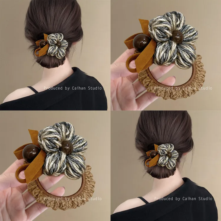 暖棕摩卡~复古秋冬毛线花朵发圈女高级感慵懒风蝴蝶结发绳盘发器