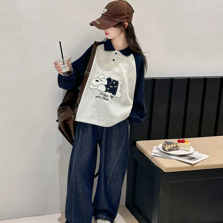 女童polo卫衣2025新款中大童洋气网红宽松上衣初中女孩加绒打底衫
