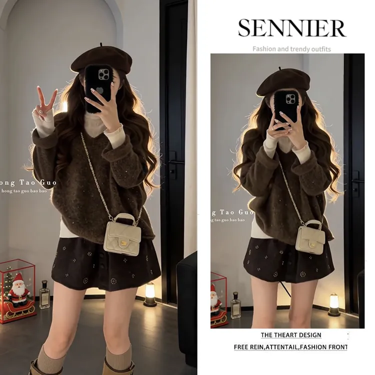 韩系穿搭女2025新款慵懒百搭套头针织衫显瘦打底衫气质短裙三件套