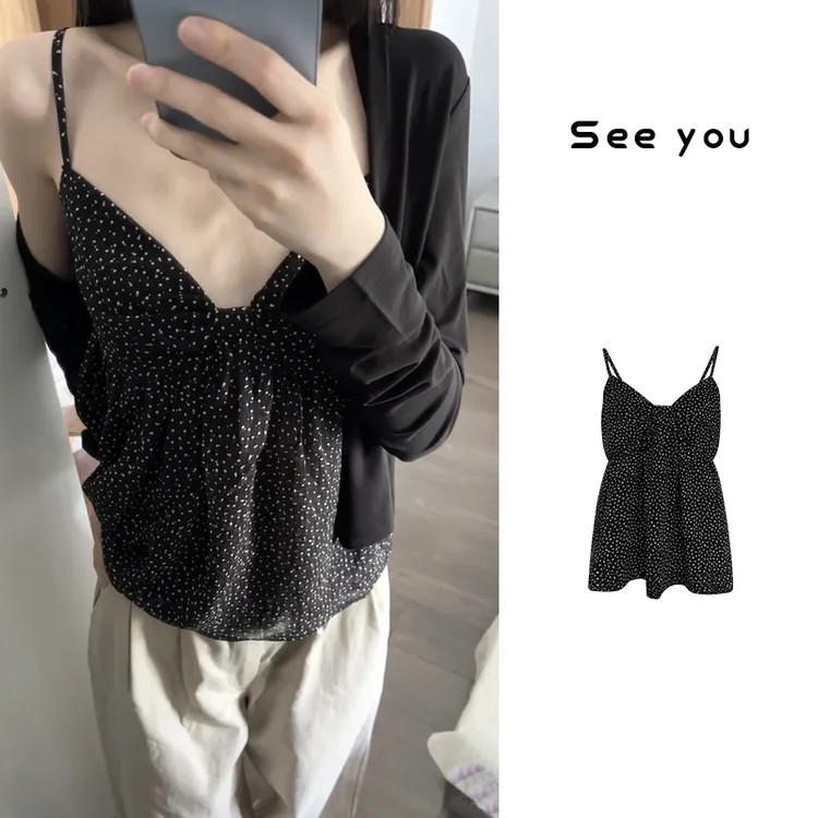 法式波点蝴蝶结抹胸v领吊带上衣雪纺清凉感背心X1072
