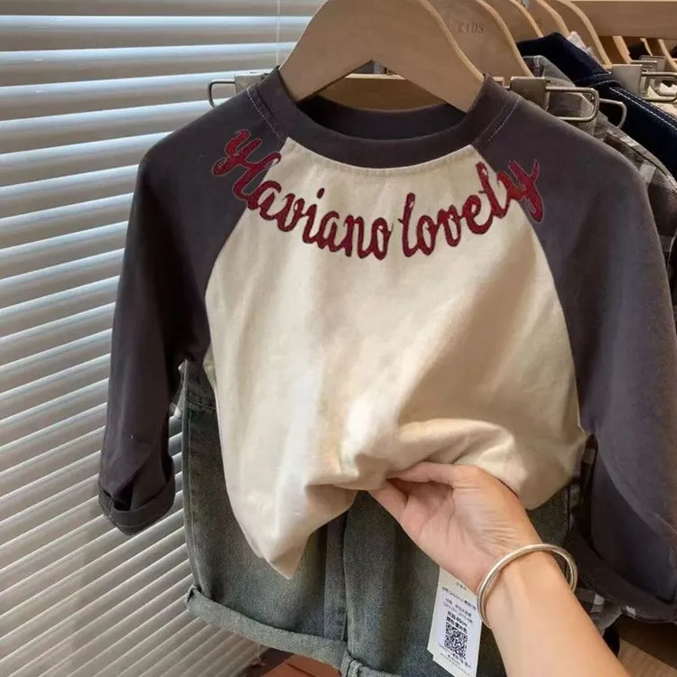 新款春秋装T恤长袖字母上衣卡通印花纯棉上衣宝宝休闲洋气打底衫t