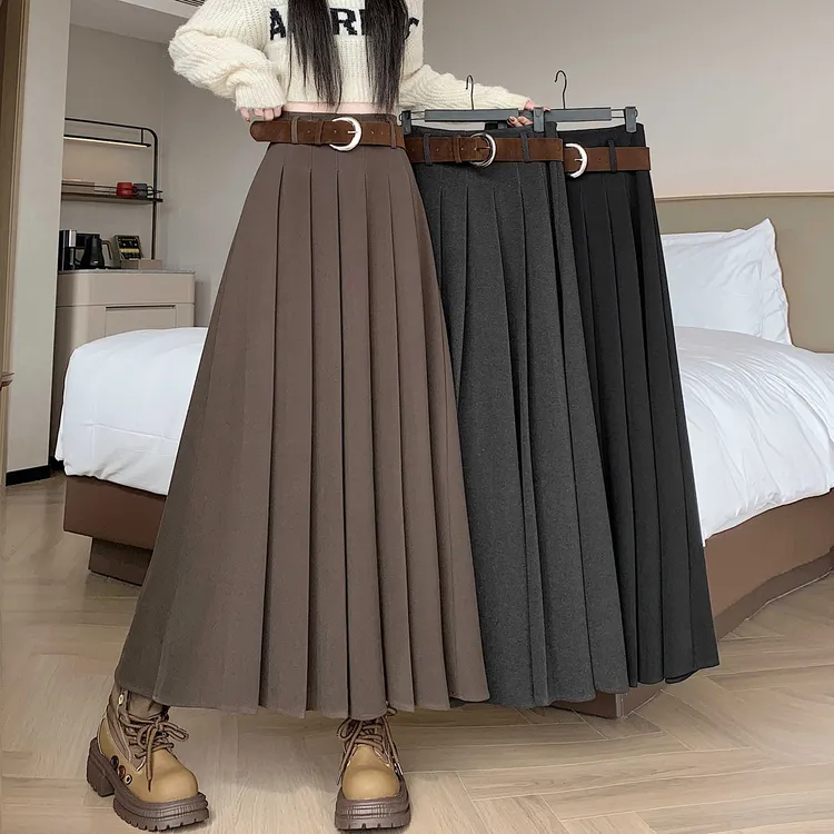 双112025秋冬韩版遮胯显瘦大腰带中长加厚毛呢a字半身百褶裙伞裙