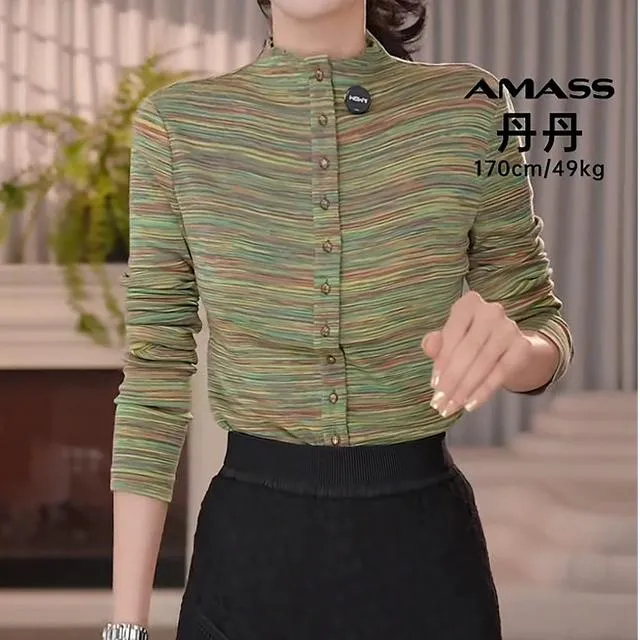 AMASS/阿玛施25年早秋高级显瘦洋气知性风花色单排扣衬衫5301016