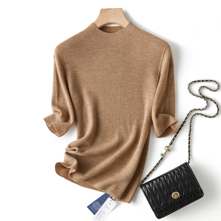 【100%精纺羊毛-扬子纱】鱼骨纹中袖可机洗无缝~修身打底衫半高领女