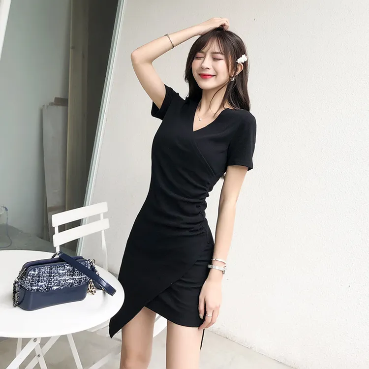 法式不规则连衣裙女夏修身短裙2025新款螺纹棉开叉女裙纯色上衣