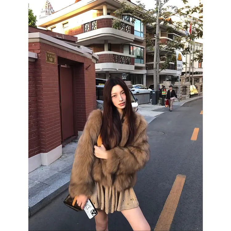 进口蓝狐坎毛晕染霜色V领短款仿狐狸毛皮草外套女