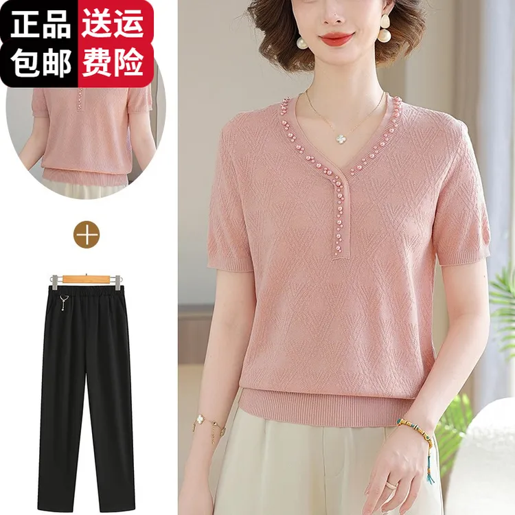 恒源祥彩羊妈妈夏装2025新款洋气短袖t恤桑蚕丝上衣v领中年轻妇女