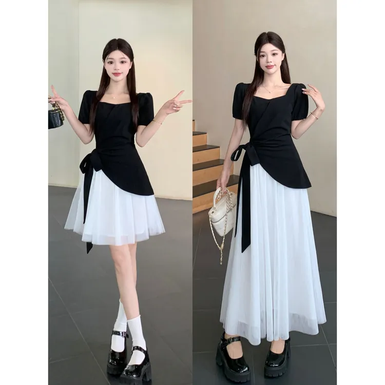 大码2025夏季撞色褶皱收腰显瘦设计感气质连衣裙蓬蓬裙小黑裙女