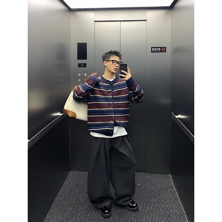 PLTH*美式复古学院风圆领撞色条纹针织开衫男冬季羊毛毛衣外套潮