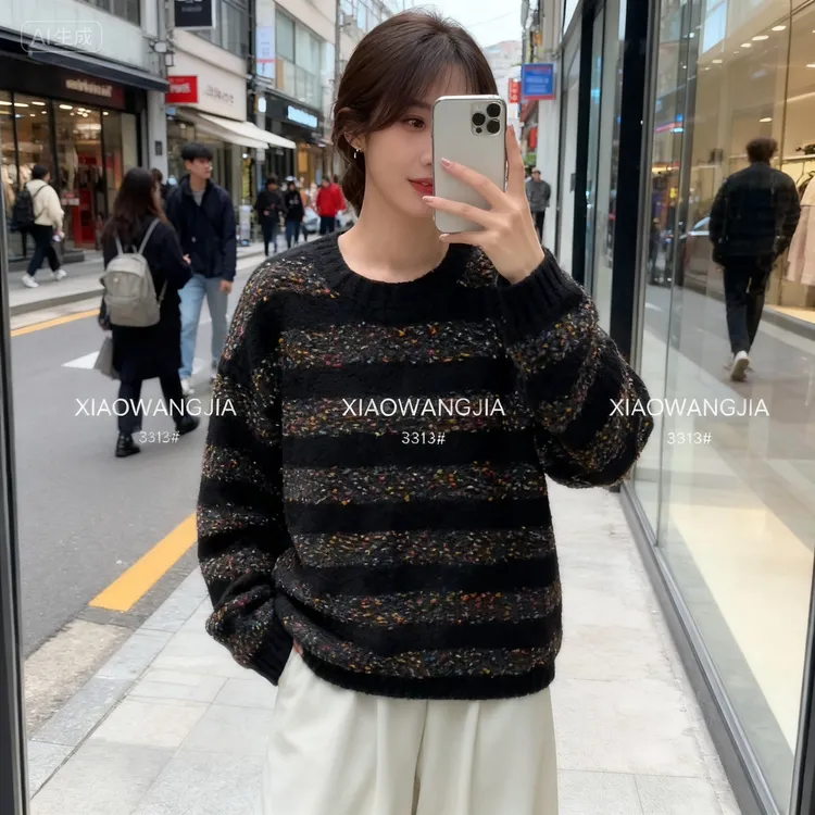 小王家时尚潮流宽松女圆领彩色针织衫女百搭毛衣慵懒风休闲复古