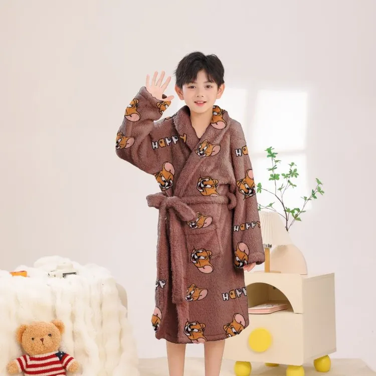 男孩猫和老鼠卡通长袖睡袍冬季男童珊瑚绒睡衣儿童加厚保暖家居服