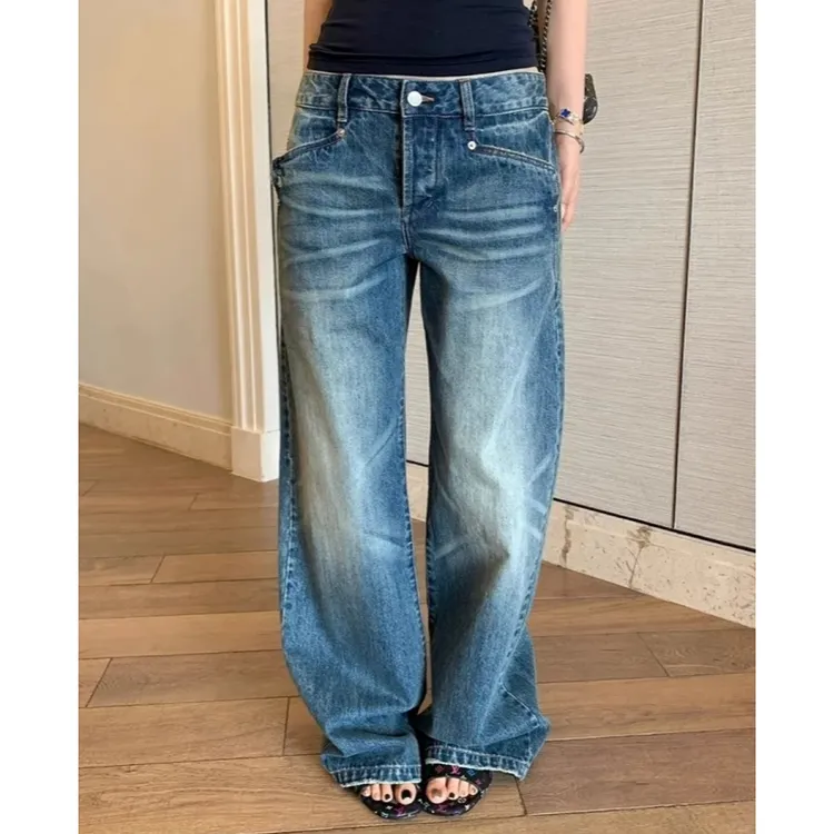 美式复古低腰牛仔裤女秋季2025新款宽松直筒阔腿拖地垂感梧桐裤子