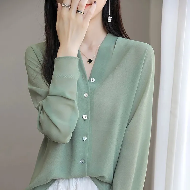 乔其纱夏季防晒衫女士v领长袖轻奢高端气质薄款开衫上衣百搭衬衣