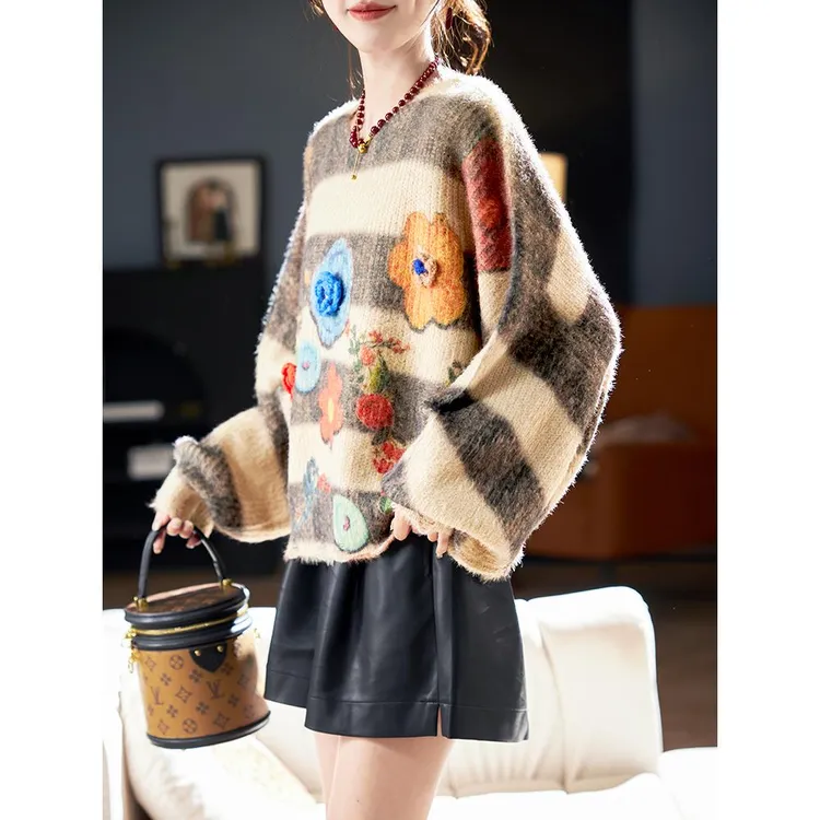 朗玛妃蝙蝠袖立体提花慵懒毛衣2025春季韩系洋气百搭长袖针织上衣