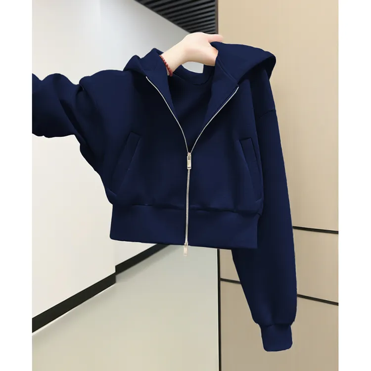 藏蓝色连帽卫衣女春秋加绒2025新款双拉链外套小个子短款开衫上衣