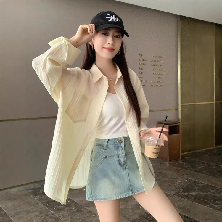 休闲潮流跨境法式肌理感防晒衬衫外套女2025秋季新款宽松纯色长袖