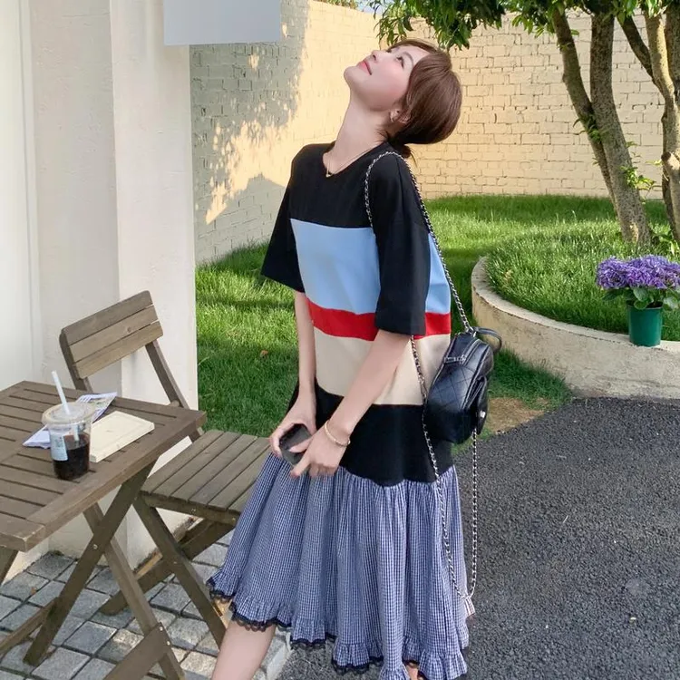 拼色时尚设计感甜酷风连衣裙女2025年夏季新款格子裙摆鱼尾T恤裙