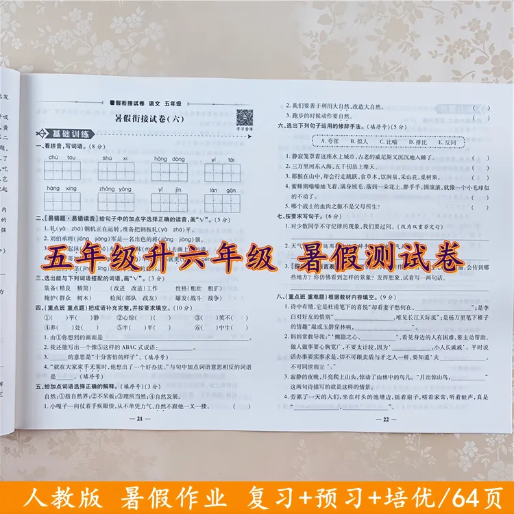 暑假试卷五年级升六年级暑假衔接训练人教版五年级下册同步测试卷