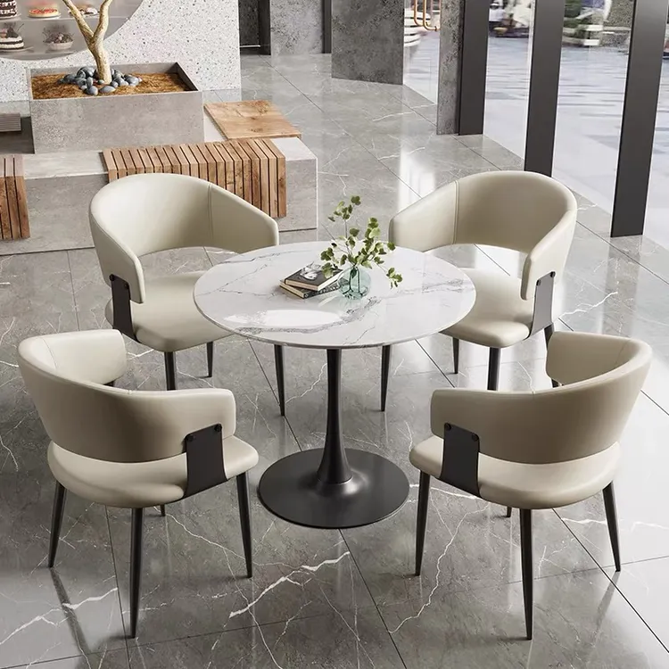 奶油轻奢岩板餐桌椅现代简约售楼处休闲奶茶店接待洽谈小圆桌茶几