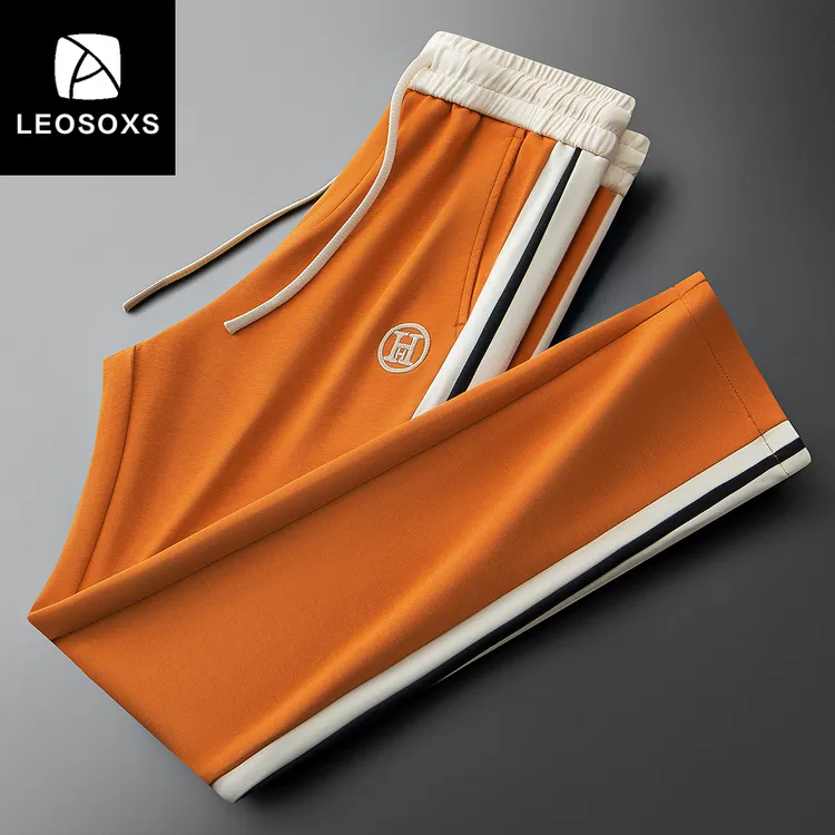 夏季高端时尚撞色拼接冰丝休闲裤男士潮牌修身运动小直筒卫裤男款