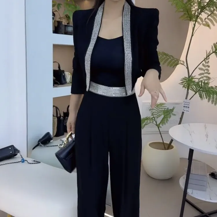 秋季新款西服领外套搭配阔腿套装