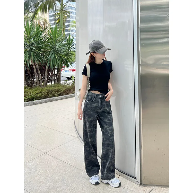王家有鱼【小个子定制】秋季迷彩色窄版阔腿裤女2025新款美式牛仔裤