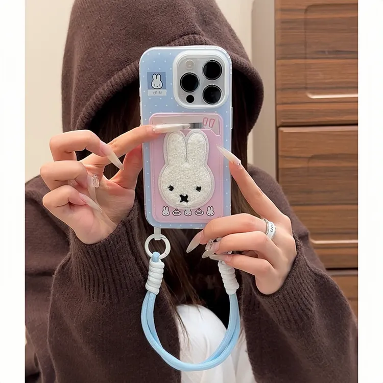 雅天立毛绒小兔挂绳卡包适用苹果17promax手机壳iPhone13/15软16