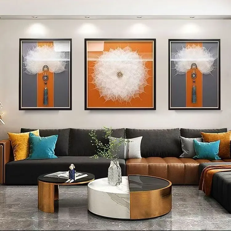 装饰画手工实物三联画简约客厅挂画轻奢沙发背景墙立体菩提叶玻璃