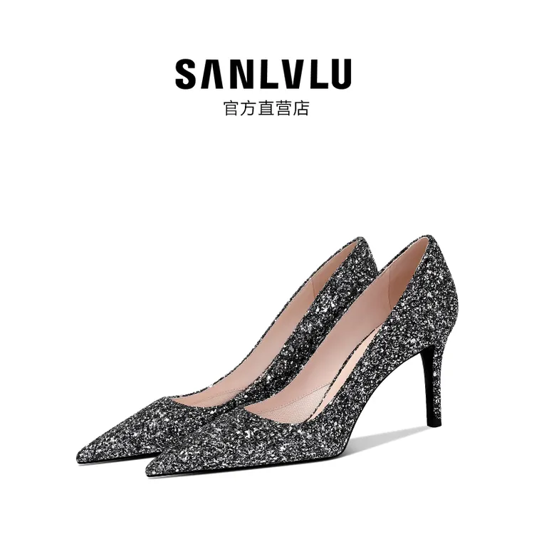 SANLVLU丹东 银色水晶高跟鞋主婚纱婚鞋女仙女范新娘鞋不累脚单鞋