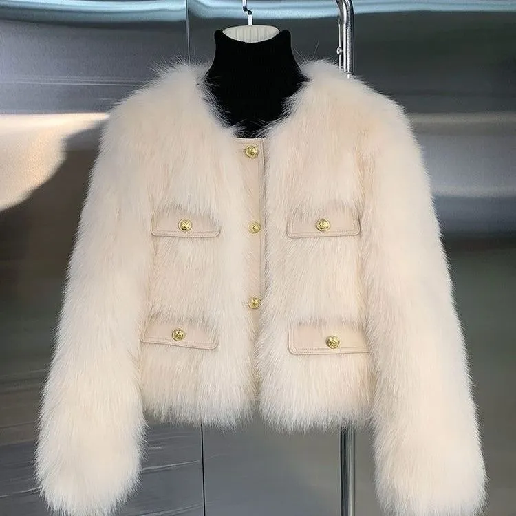 UPTrees 小香风圆领仿狐狸毛外套 DX001时尚短款