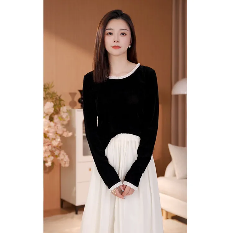 乔乔儿定制【夜色如歌】木耳边新款长袖T恤女黑色休闲简约丝绒上