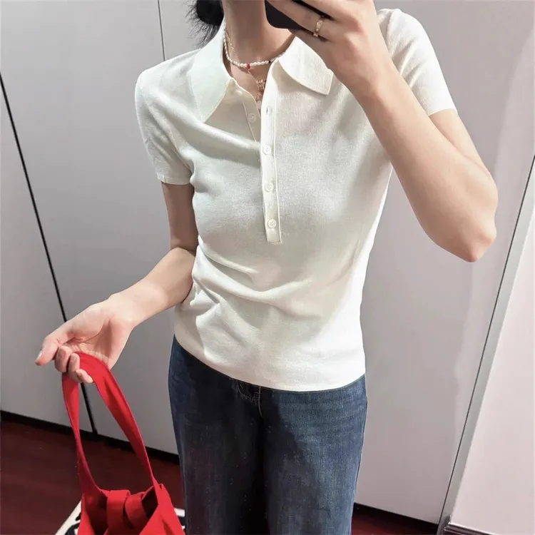 气质范百搭半门襟polo领针织衫2025秋季新款女装正肩修身短袖上衣