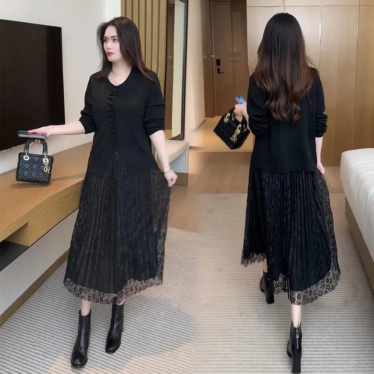 针织连衣裙假两件拼接纱网老钱风时尚洋气名媛中长款宽松显瘦裙子