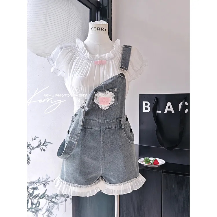 Kerry少女「装乖咋啦」萌系俏皮牛仔背带短裤日系两穿小上衣套装