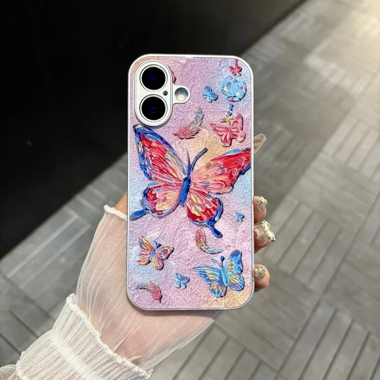 苹果/华为/oppo/vivo/小米 油画蝴蝶适用iPhone16肤感玻璃手机壳