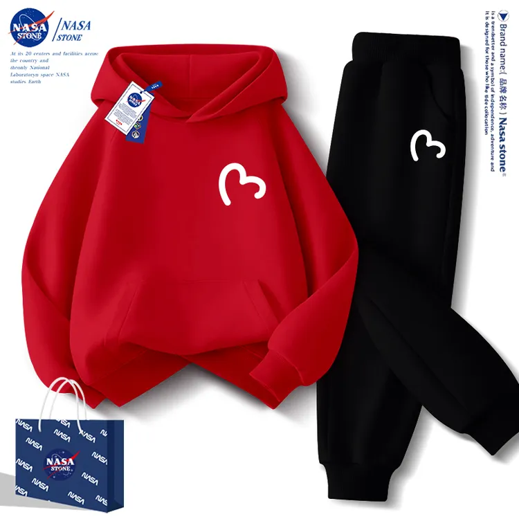 NASA儿童红色加绒套装秋冬2025新款男童卫衣连帽女童运动服两件套