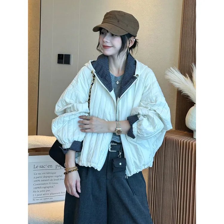 复古连帽压格短外套女欧洲站2025秋装新款欧货女装时尚夹克上衣潮