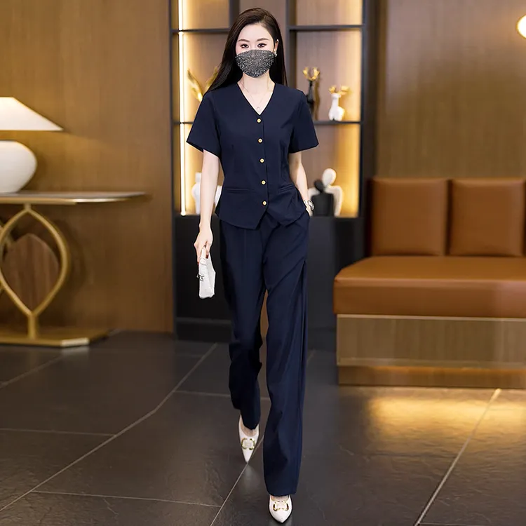 显瘦宽松休闲大码套装2025夏季新款时尚减龄短袖上衣阔腿裤两件套