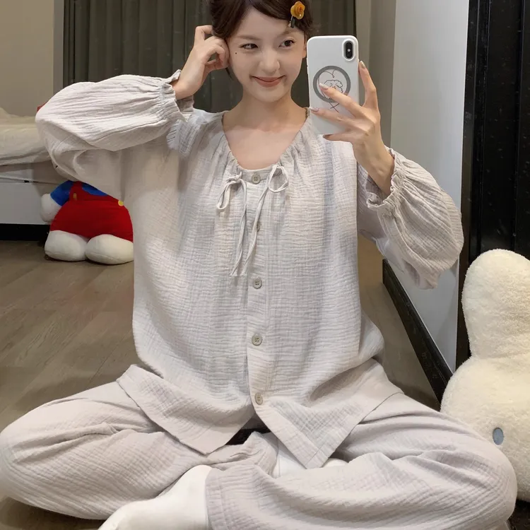 纯色简约纯棉纱布睡衣女款春秋季2025新款全棉长袖长裤家居服套装