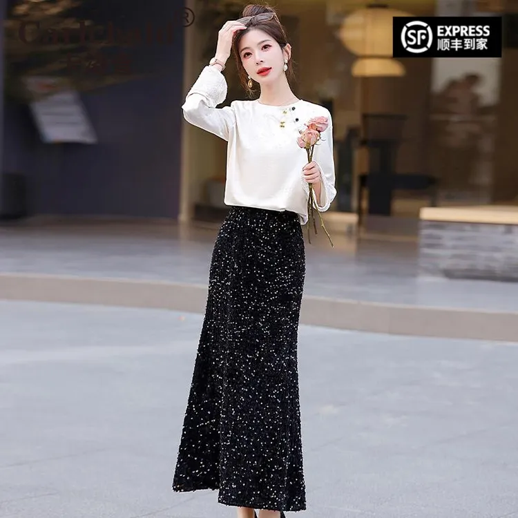 CARLCHALD卡洛查小香风套装裙女2025洋气新款提花国风上衣亮片半